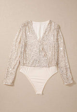 Sequin Surplice Long Sleeve Bodysuit - Trendsi - Flyclothing LLC