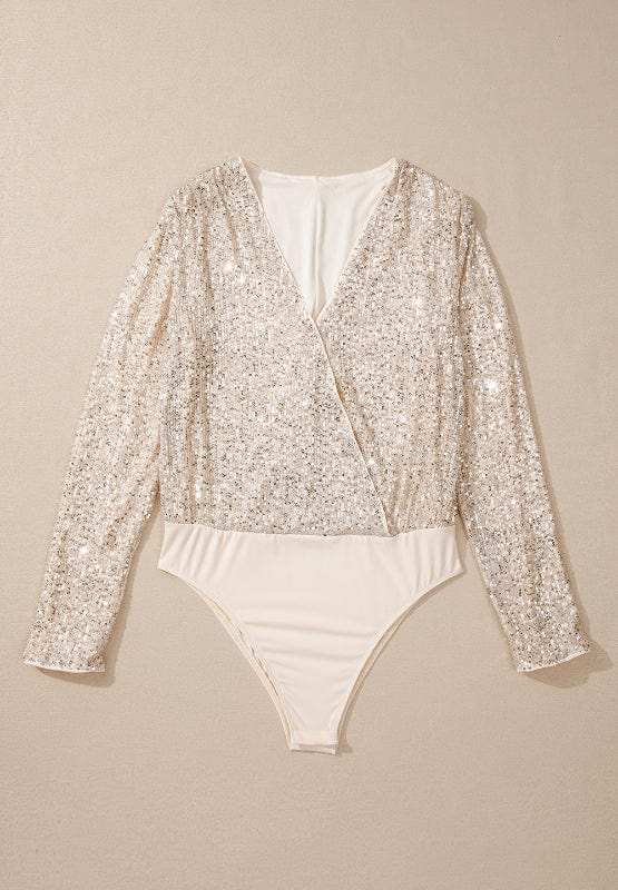 Sequin Surplice Long Sleeve Bodysuit - Trendsi - Flyclothing LLC