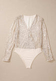 Sequin Surplice Long Sleeve Bodysuit - Trendsi - Flyclothing LLC