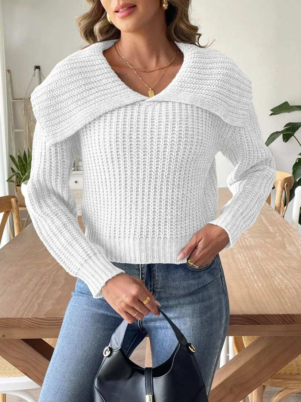 Cable-Knit Long Sleeve Sweater - Trendsi - Flyclothing LLC