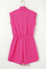 Textured Short Sleeve Half Zip Drawstring Waist Romper - Trendsi - Flyclothing LLC