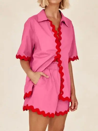 Contrast Trim Half Sleeve Top and Shorts Set - Trendsi - Flyclothing LLC