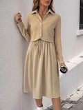 Perfee Fake Two Piece Collared Neck Long Sleeve Midi Dress - Trendsi
