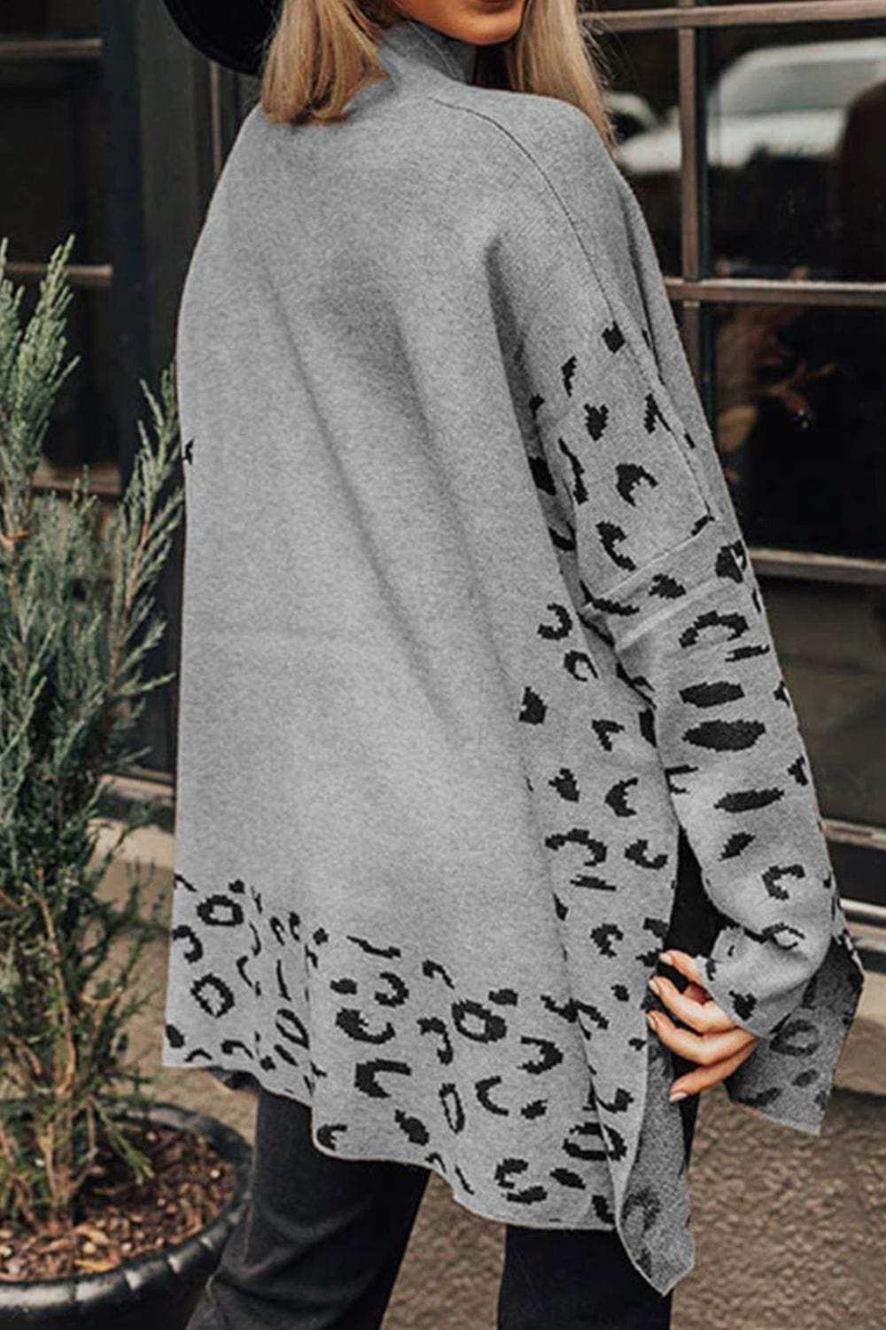 Slit Leopard Mock Neck Dropped Shoulder Sweater - Trendsi - Flyclothing LLC