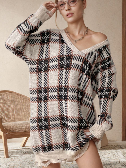 Distressed Plaid V-Neck Long Sleeve Sweater Dress - Trendsi