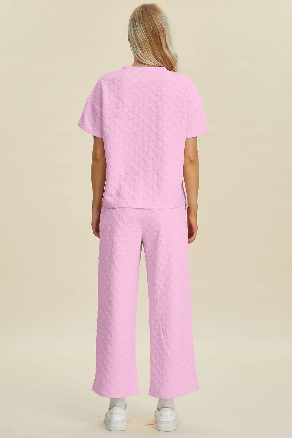 Double Take Full Size Texture Round Neck Short Sleeve Top and Pants Set - Trendsi - Flyclothing LLC