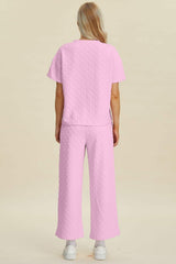 Double Take Full Size Texture Round Neck Short Sleeve Top and Pants Set - Trendsi - Flyclothing LLC
