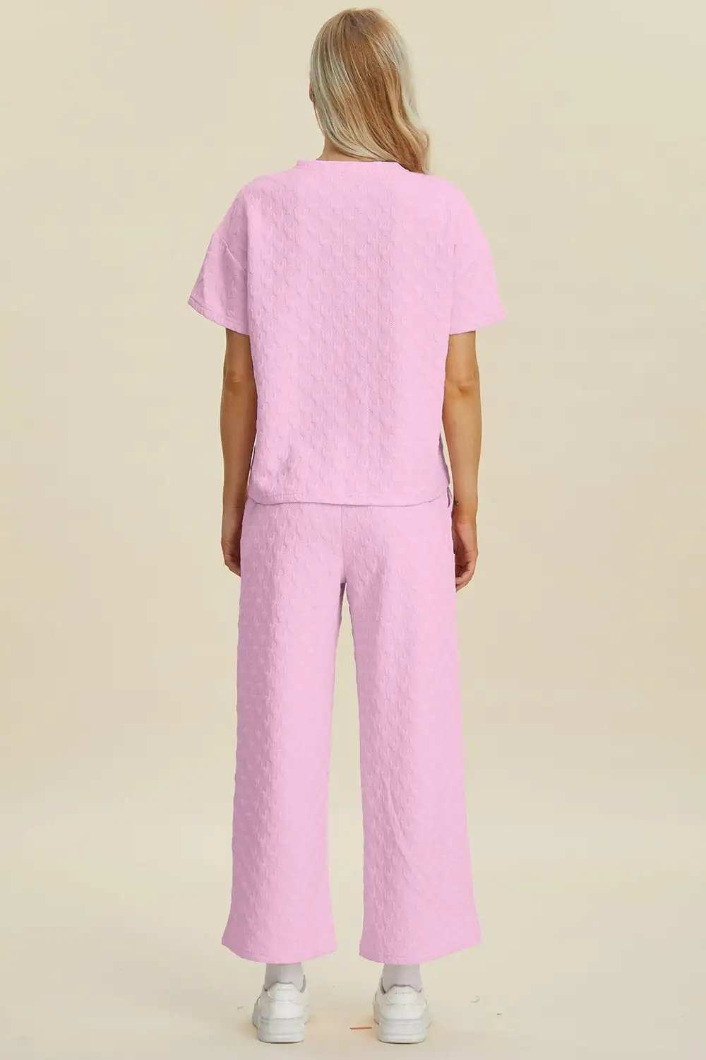 Double Take Full Size Texture Round Neck Short Sleeve Top and Pants Set - Trendsi - Flyclothing LLC