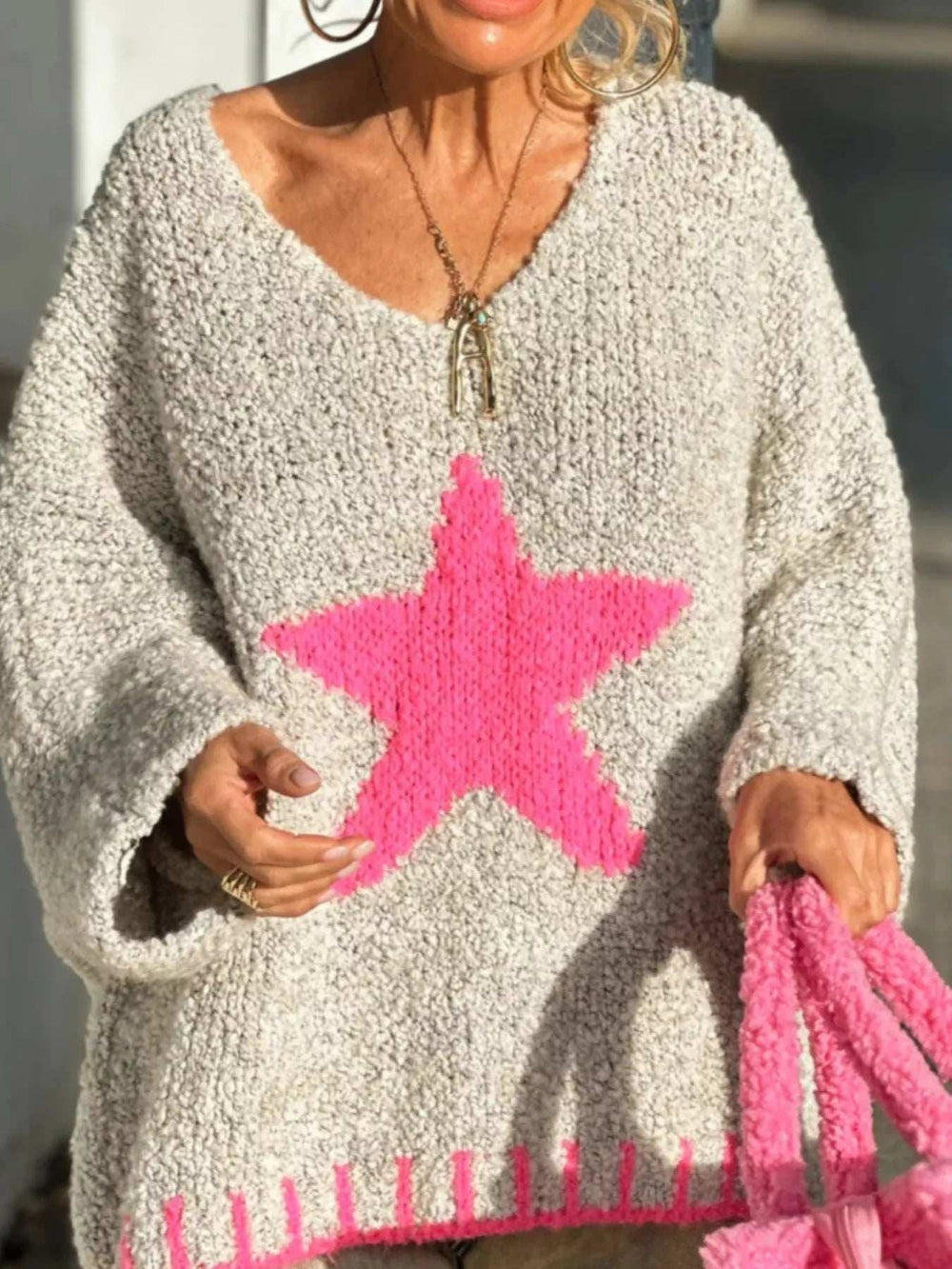 Star V-Neck Long Sleeve Sweater - Trendsi - Flyclothing LLC