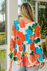 BiBi Floral Woven Tiered V Neck Top - Trendsi - Flyclothing LLC
