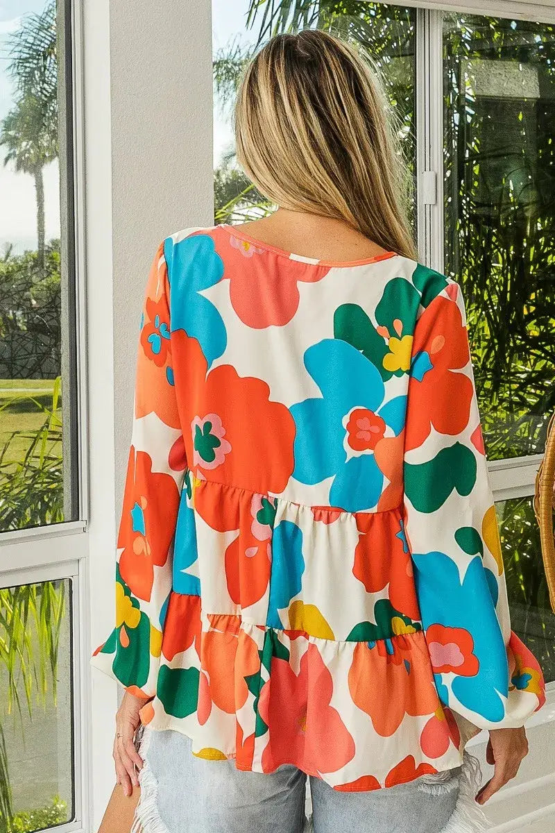 BiBi Floral Woven Tiered V Neck Top - Trendsi - Flyclothing LLC