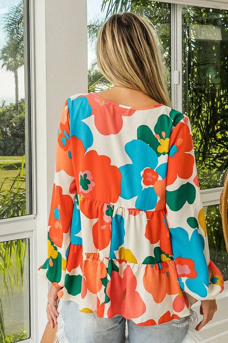 BiBi Floral Woven Tiered V Neck Top - Trendsi - Flyclothing LLC