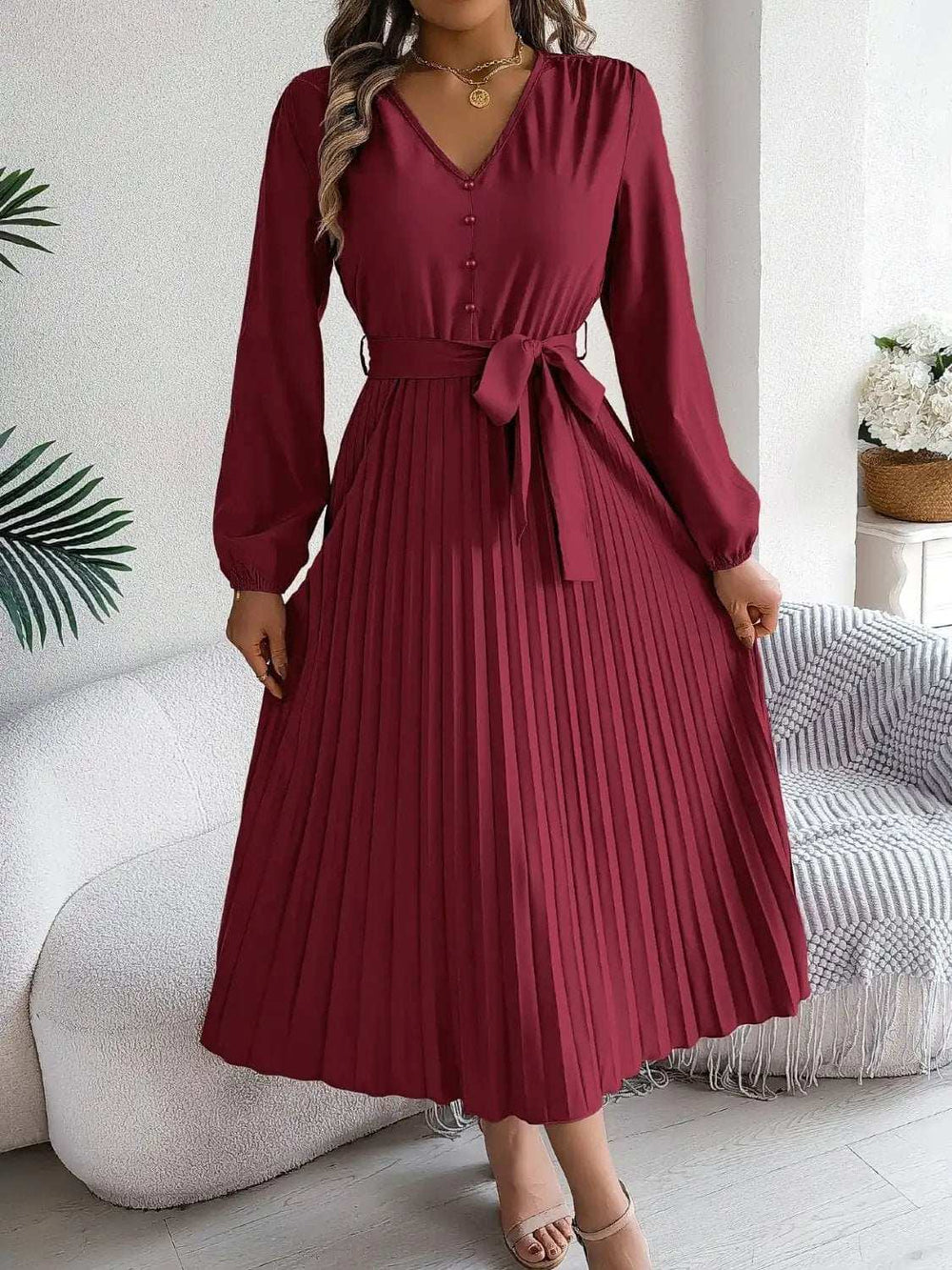 Pleated Tied V-Neck Long Sleeve Dress - Trendsi - Flyclothing LLC