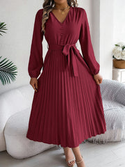 Pleated Tied V-Neck Long Sleeve Dress - Trendsi
