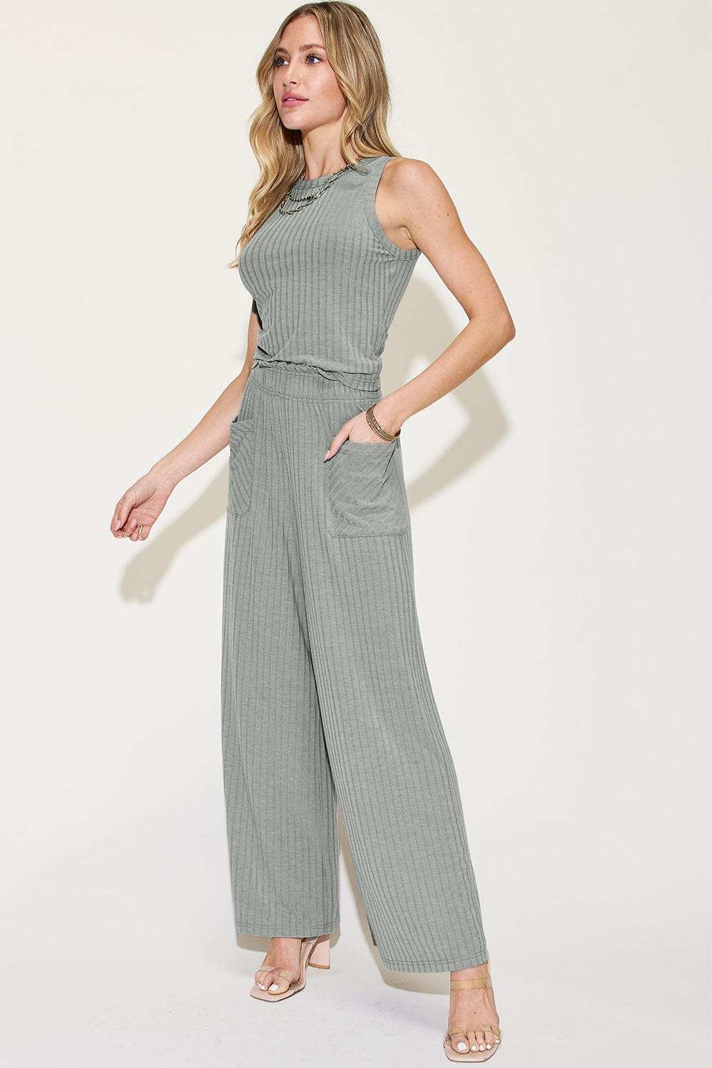 Basic Bae Full Size Ribbed Tank and Wide Leg Pants Set - Trendsi - Flyclothing LLC