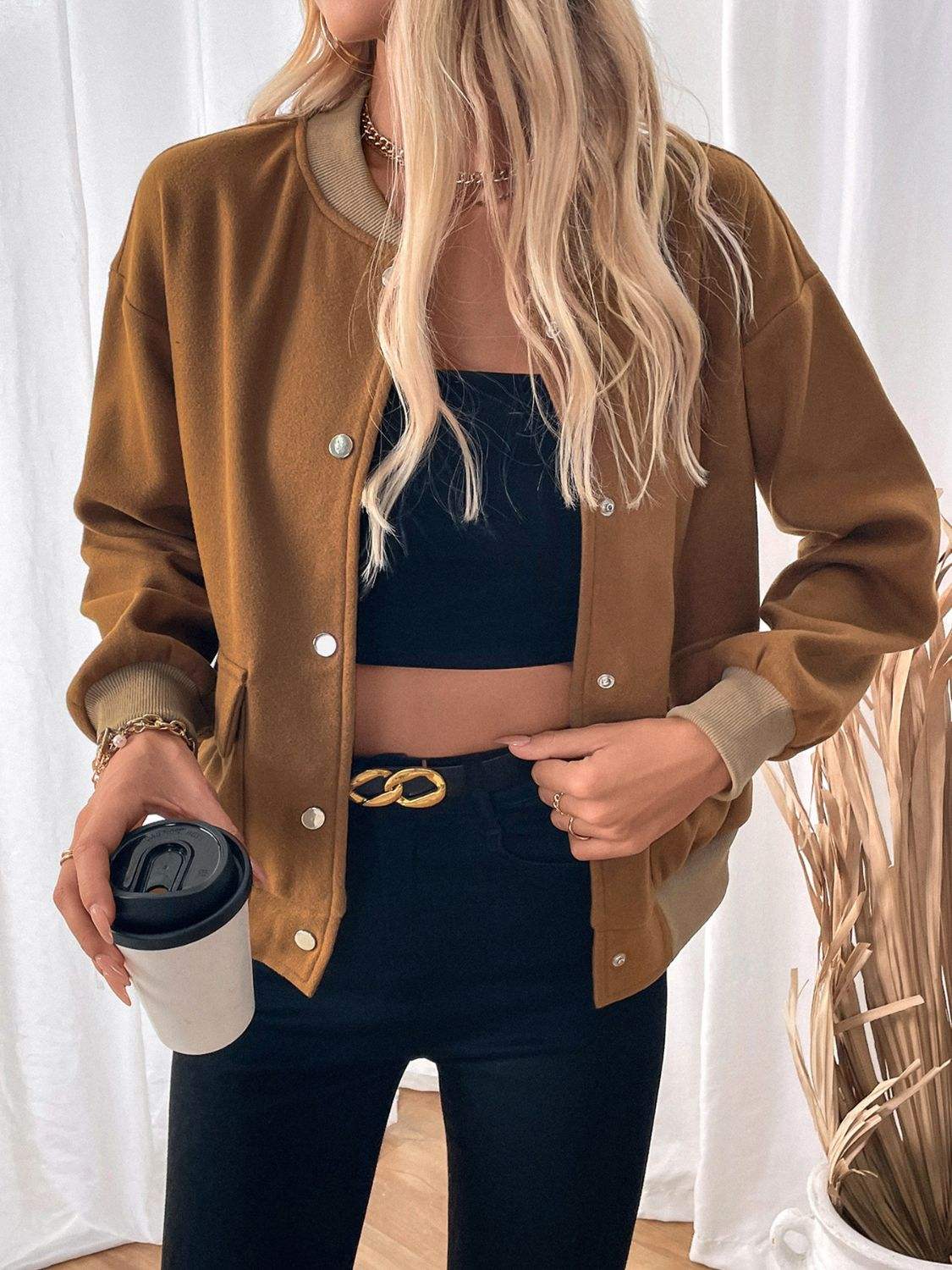 Perfee Baseball Collar Snap Down Long Sleeve Jacket - Trendsi - Flyclothing LLC