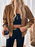 Perfee Baseball Collar Snap Down Long Sleeve Jacket - Trendsi