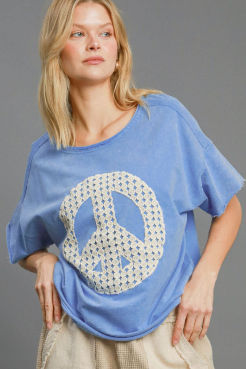 Umgee Full Size Mineral Wash T-Shirt with Lace Applique Plus Size - Trendsi