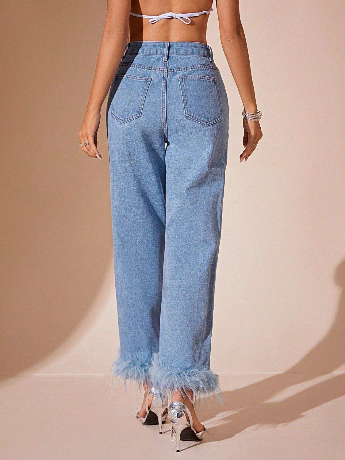 Plush Hem High Rise Straight Jeans - Trendsi - Flyclothing LLC