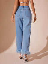 Plush Hem High Rise Straight Jeans - Trendsi - Flyclothing LLC