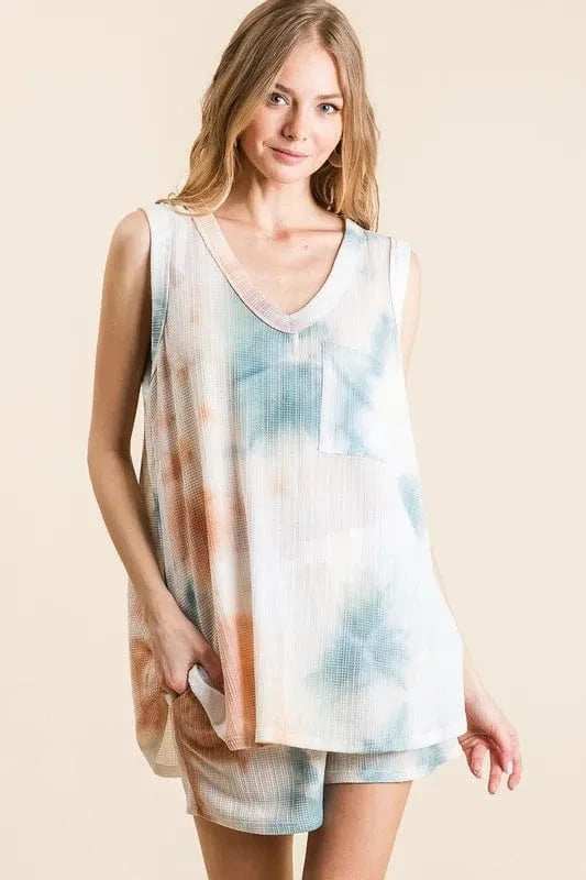 BiBi Tie Dye Textured Knit Top and Shorts Set - Trendsi - Flyclothing LLC
