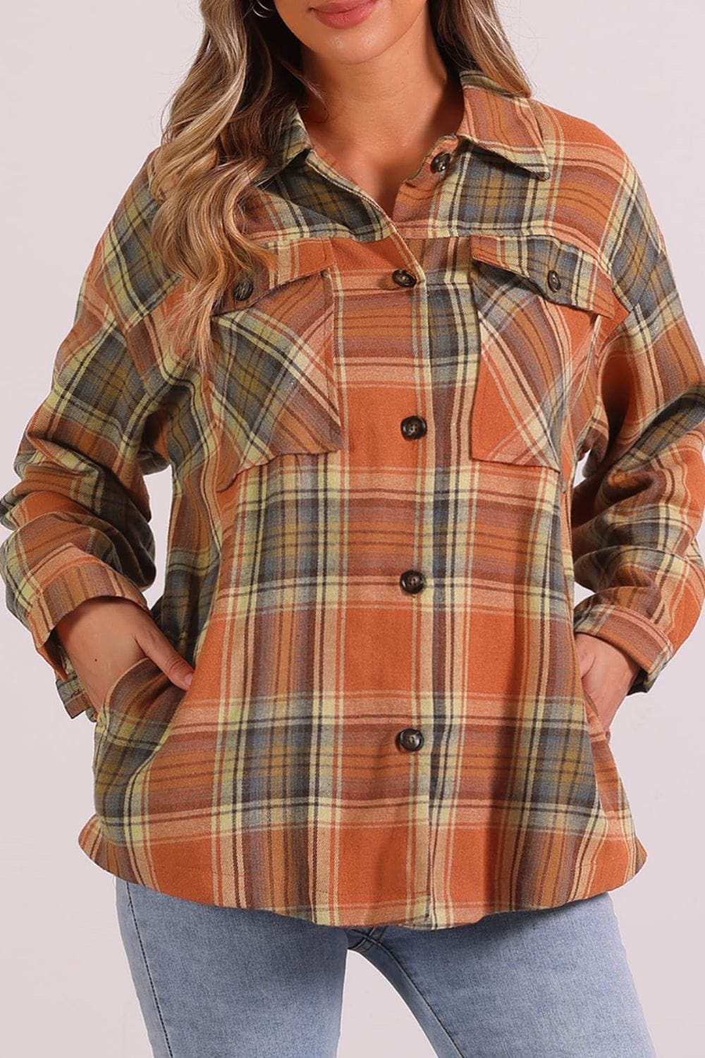 Plaid Collared Neck Long Sleeve Shirt with Chest Pockets - Trendsi - Flyclothing LLC