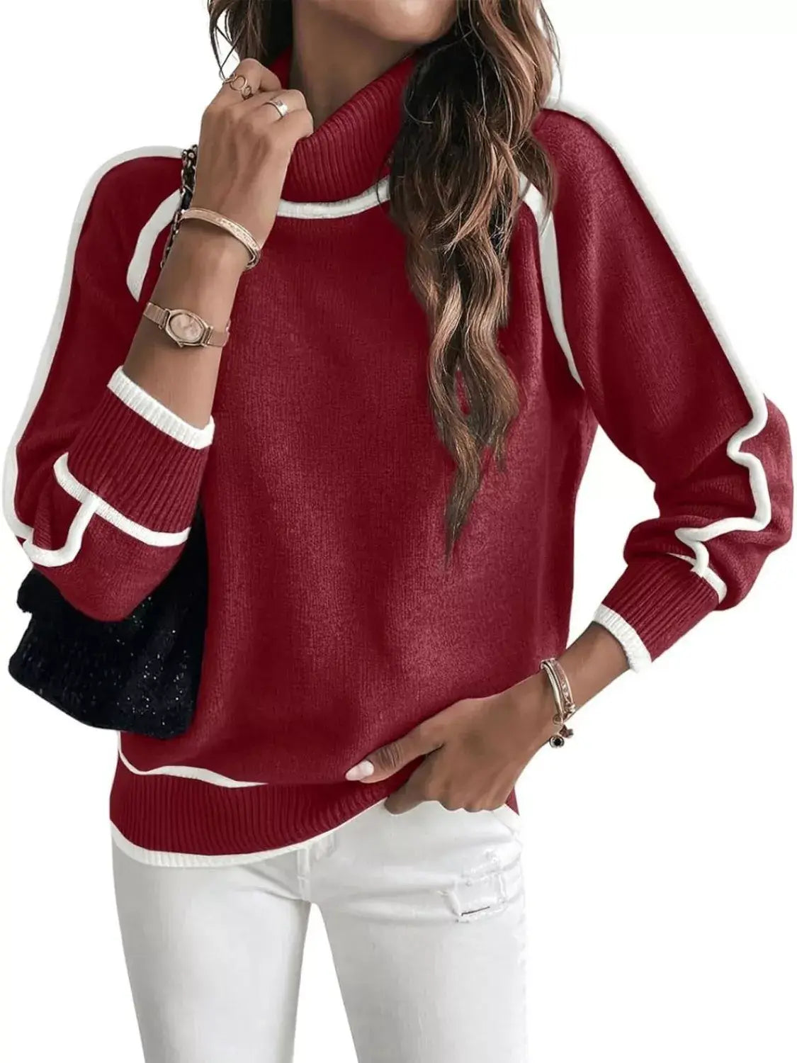 Full Size Turtleneck Contrast Trim Sweater Plus Size - Trendsi - Flyclothing LLC