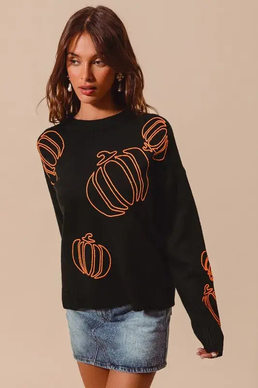 SO ME Pumpkin Embroidered Halloween Thanksgiving Sweater - Trendsi - Flyclothing LLC