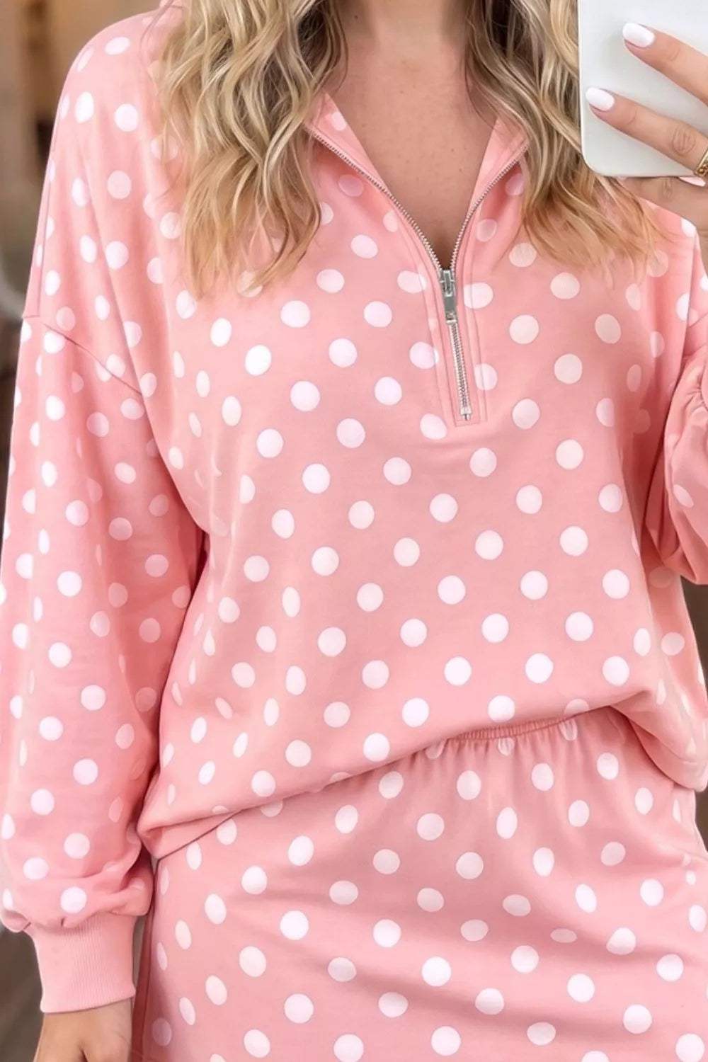 Polka Dot Quarter Zip Sweatshirt and Shorts Set - Trendsi - Flyclothing LLC