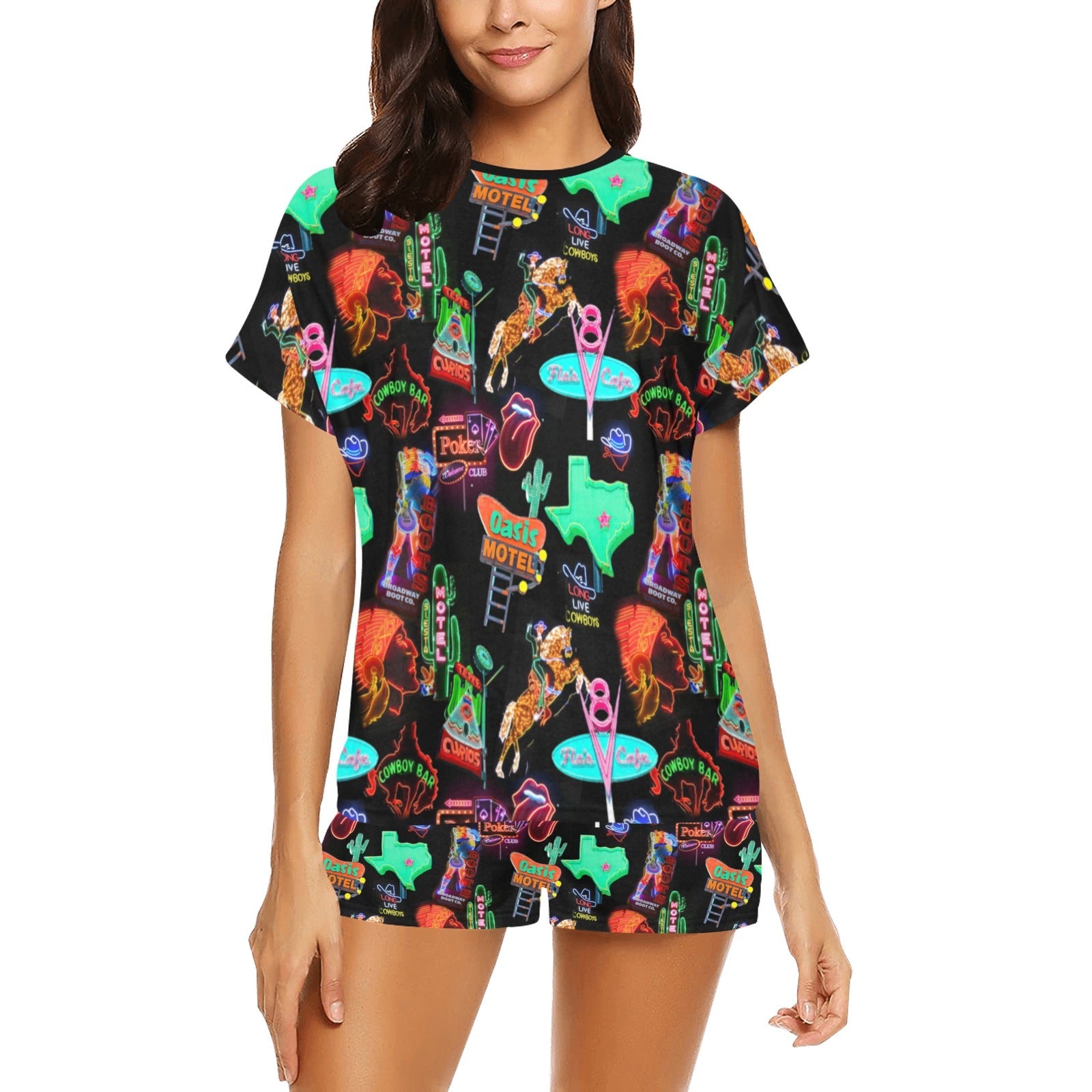 Baha Ranch Vegas Neon Western Women's Short and Top Pajama Set