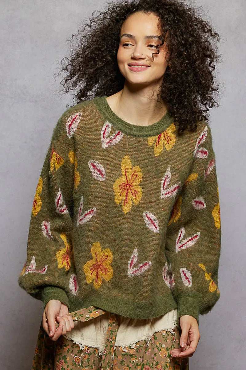 POL Floral Pattern Round Neck Balloon Sleeve Sweater - Trendsi - Flyclothing LLC