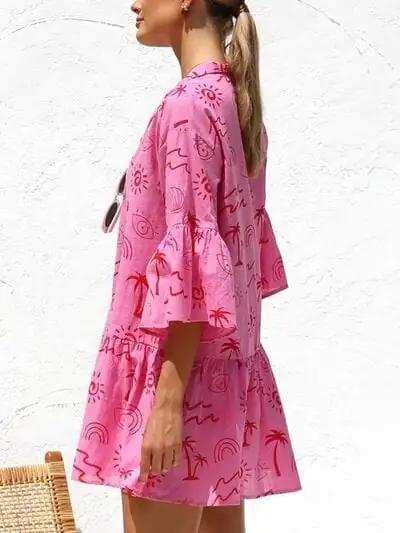 Button Detail Ruffled Hem Printed Mini Dress - Trendsi - Flyclothing LLC