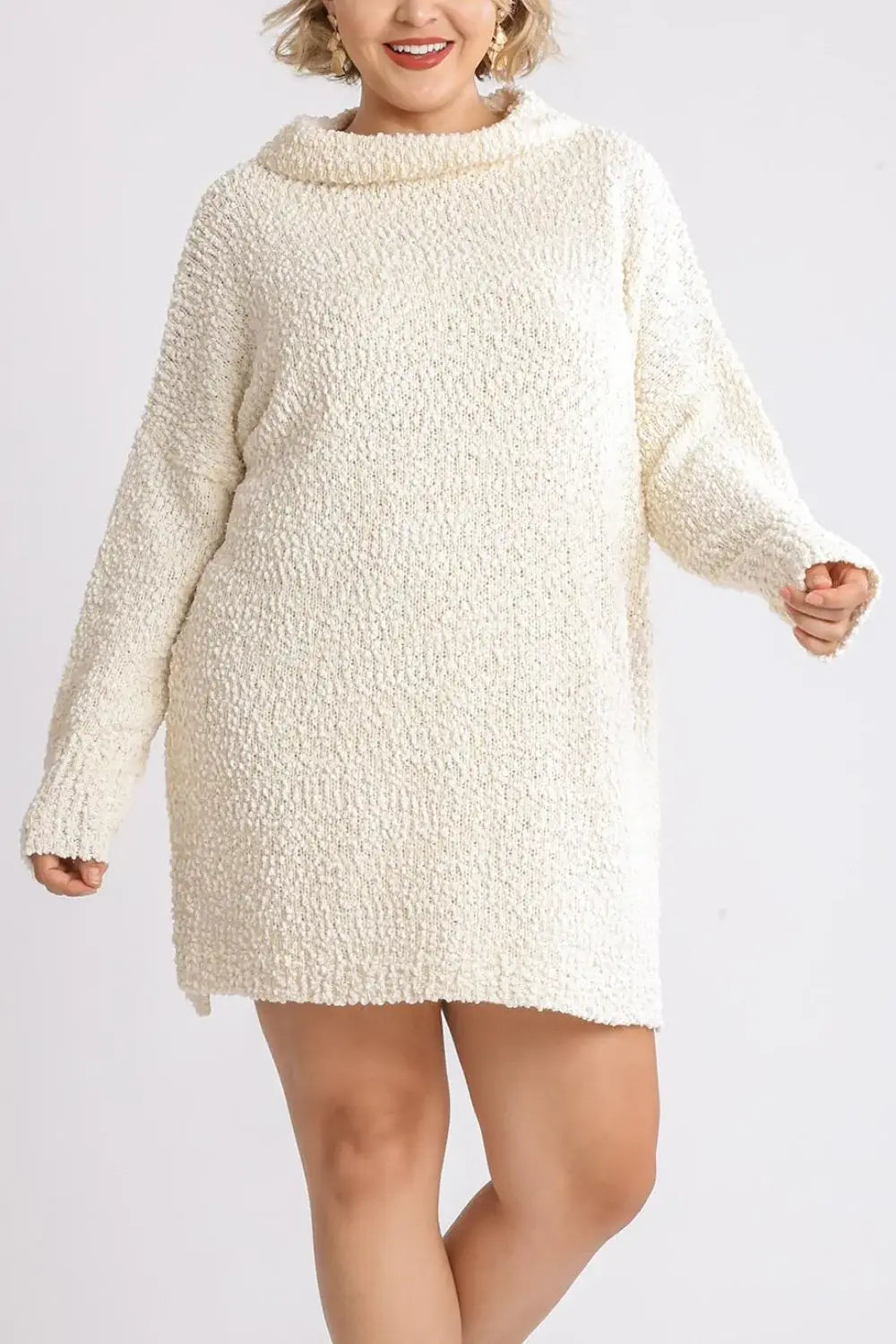 Umgee Full Size High Low Long Sleeve Boucle Sweater Dress Plus Size - Trendsi - Flyclothing LLC