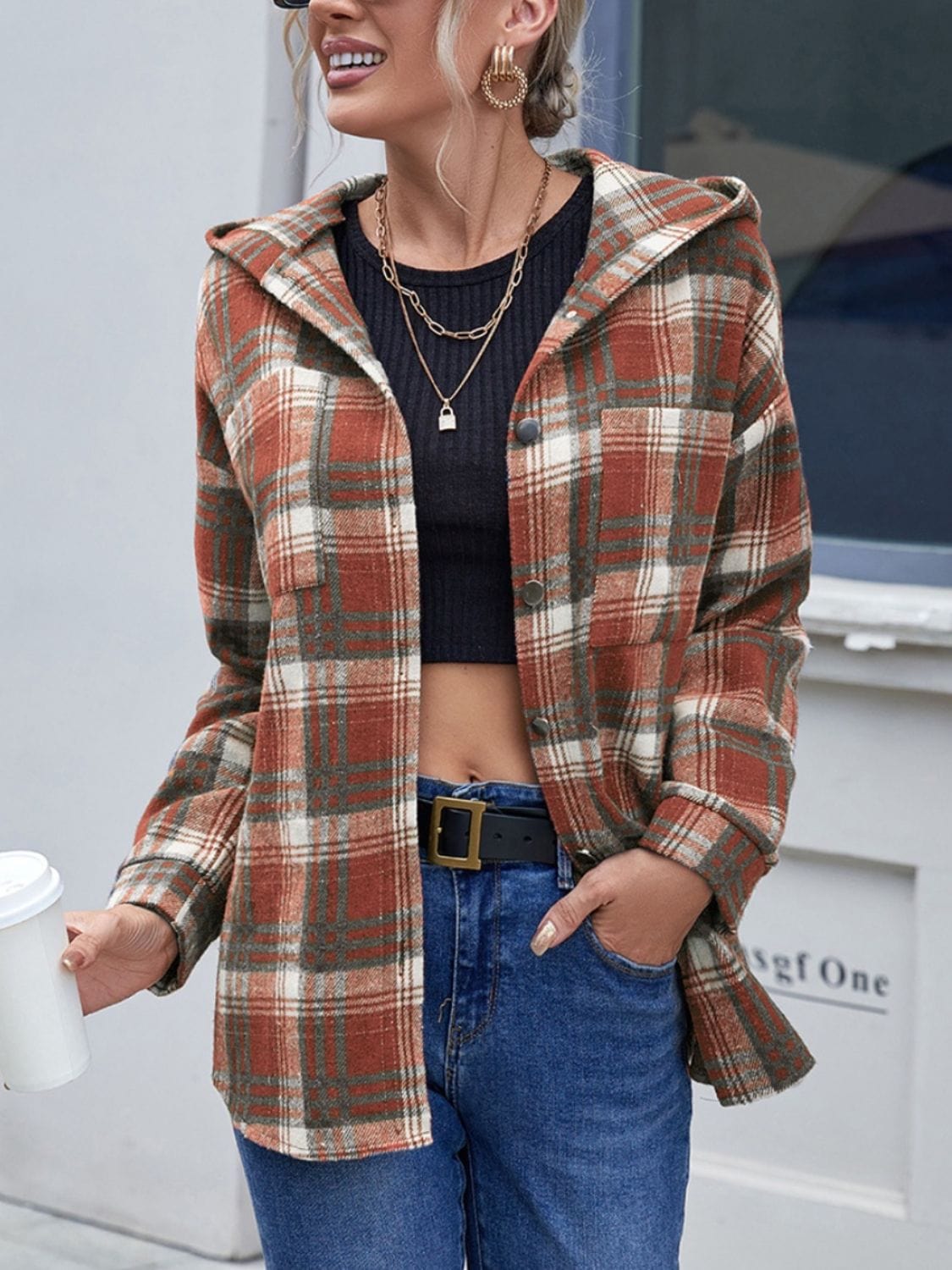 Plaid Button Up Long Sleeve Hooded Jacket - Trendsi