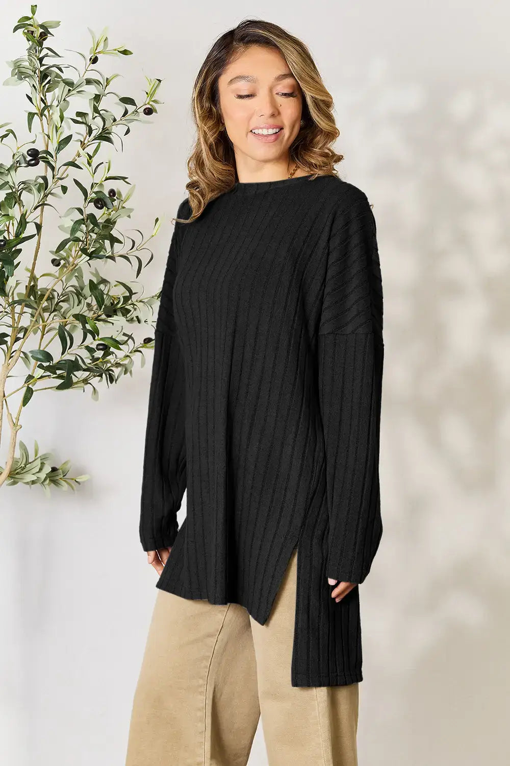 Basic Bae Full Size Ribbed Round Neck Long Sleeve Slit Top - ShopBasicbae - Flyclothing LLC