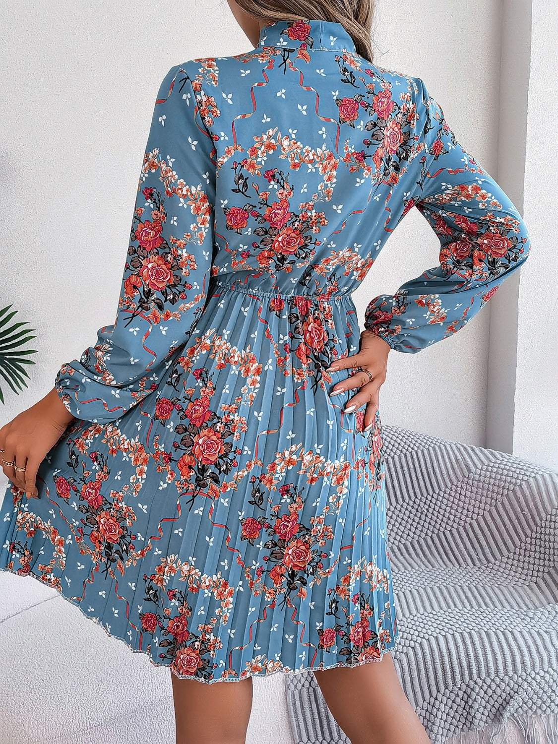 Pleated Printed Tie Neck Long Sleeve Dress - Trendsi - Flyclothing LLC