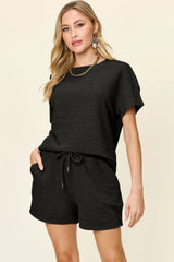 Double Take Full Size Texture Short Sleeve T-Shirt and Drawstring Shorts Set - Trendsi - Flyclothing LLC
