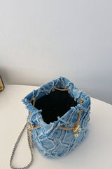 Chain Drawstring Raw Edge Denim Bucket Bag - Trendsi