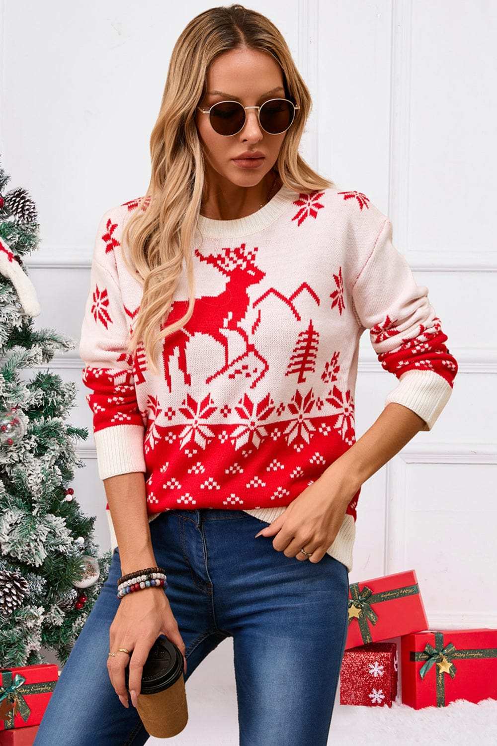Angel Wings Deer Pattern Round Neck Long Sleeve Sweater - Trendsi - Flyclothing LLC