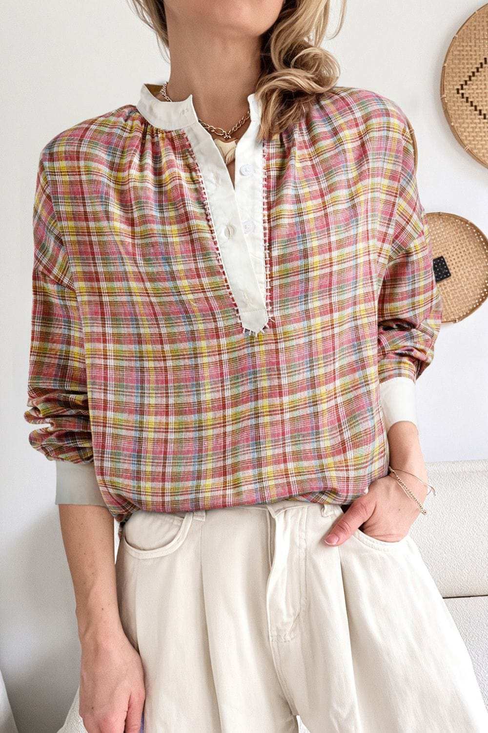 Mulit-Color Plaid Round Neck Long Sleeve Blouse - Trendsi - Flyclothing LLC