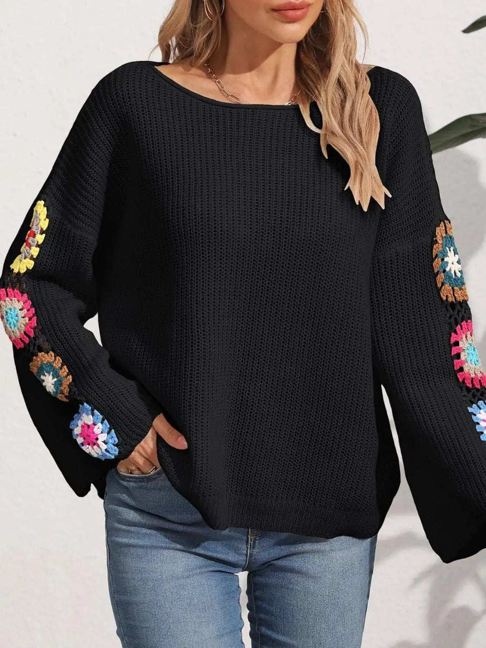 Crochet Flower Long Sleeve Sweater - Trendsi - Flyclothing LLC