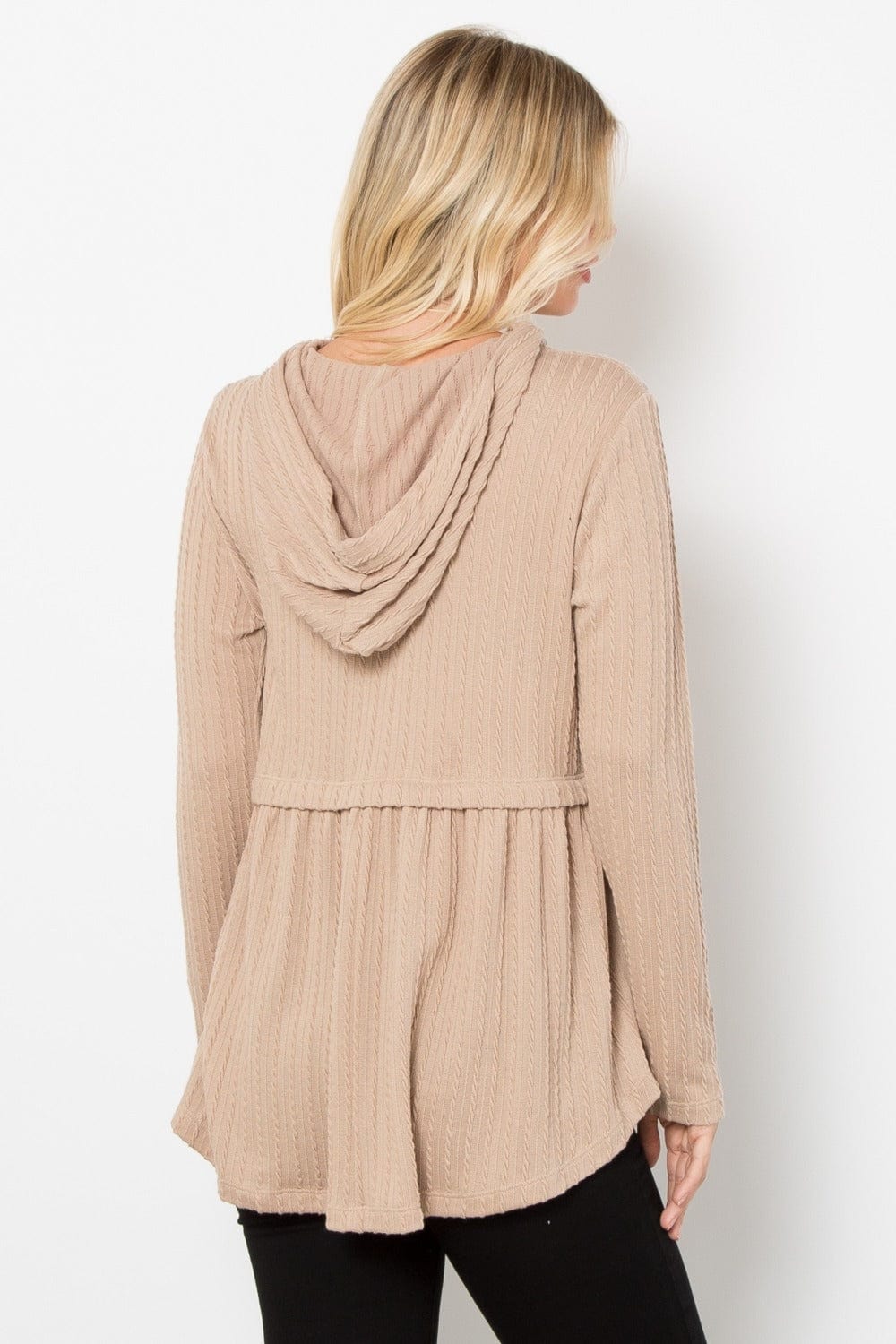 Be Stage Full Size Long Sleeve Peplum Cable Knit Hoodie - Trendsi