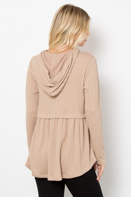 Be Stage Full Size Long Sleeve Peplum Cable Knit Hoodie - Trendsi