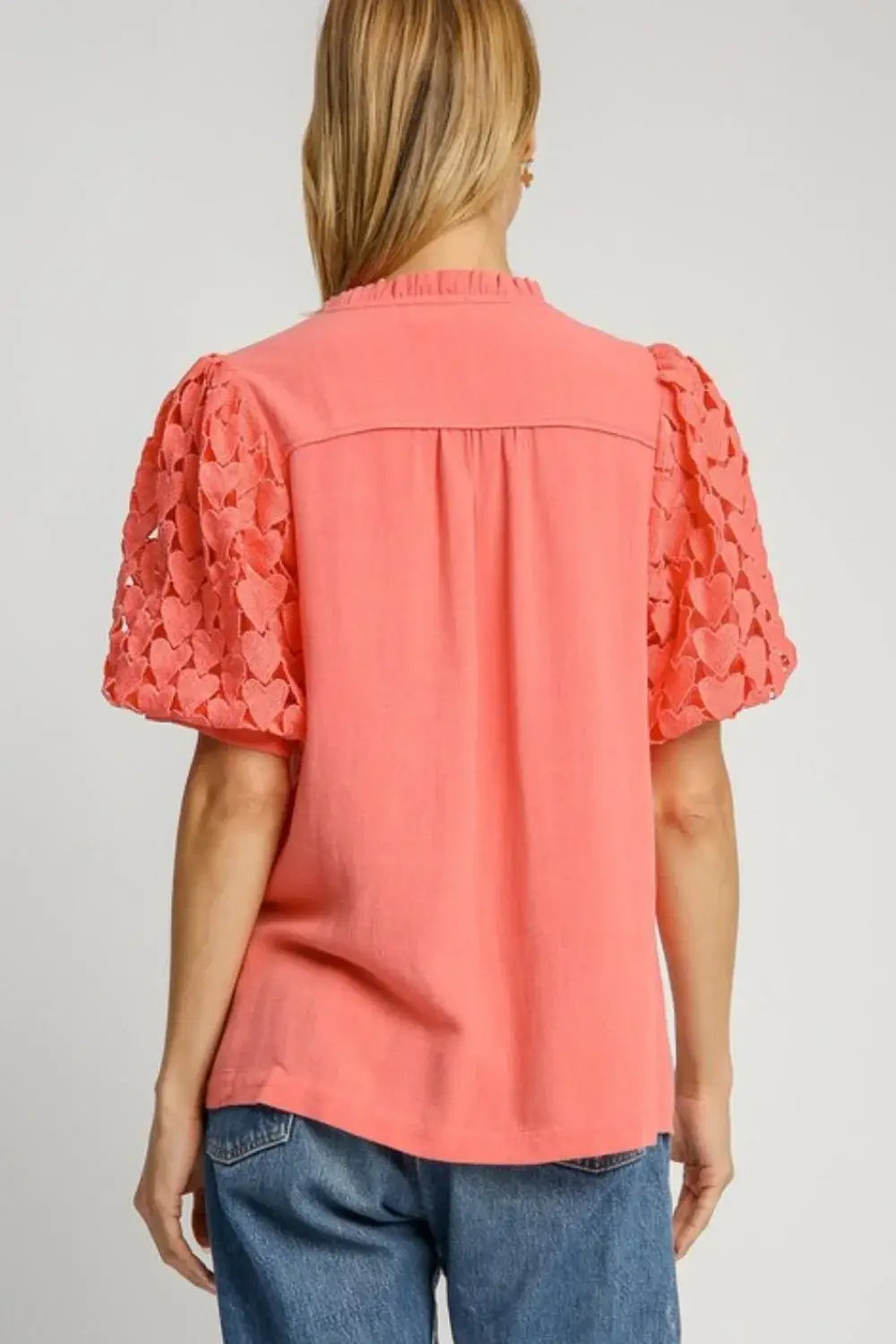 Umgee Full Size Heart Lace Sleeve Ruffle Collar Top Plus Size - Trendsi - Flyclothing LLC