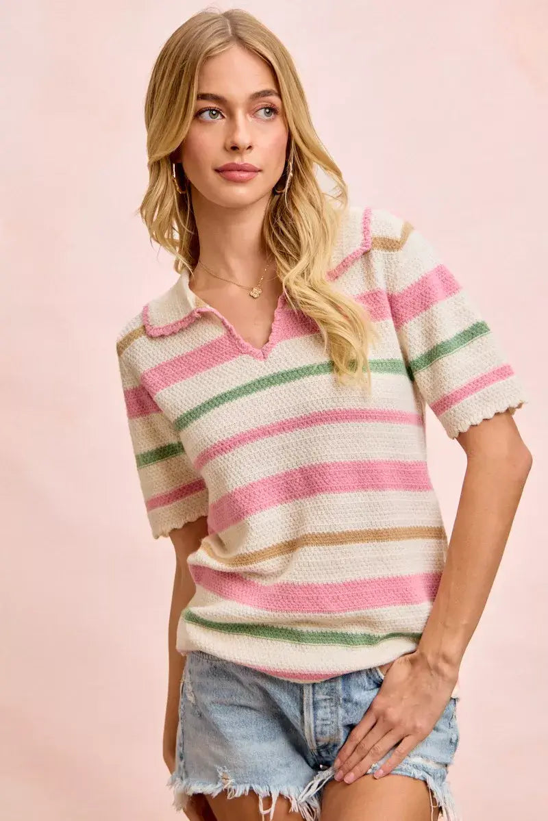 BiBi Multi Colors Stripes Collared Knit Top - Trendsi - Flyclothing LLC