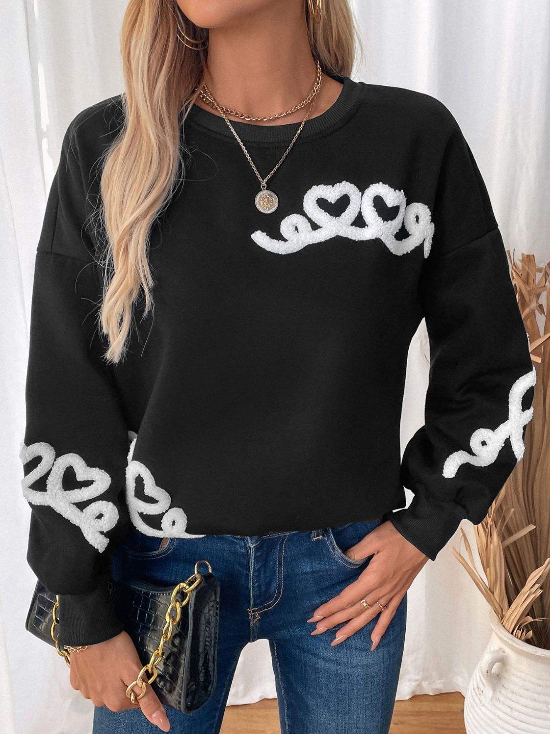 Perfee Heart Round Neck Long Sleeve Sweater - Trendsi - Flyclothing LLC