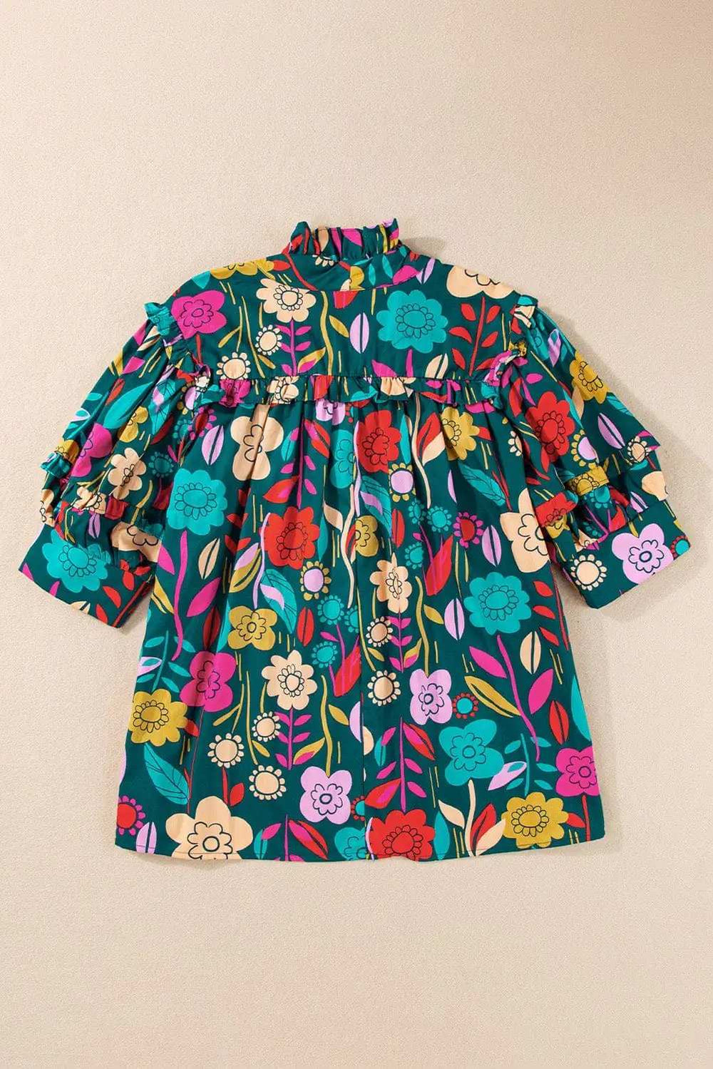Printed Tie Neck Half Sleeve Blouse - Trendsi - Flyclothing LLC