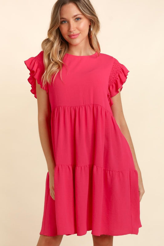 Haptics Full Size Smocking Ruffle Short Sleeve Dress with Pockets - Trendsi