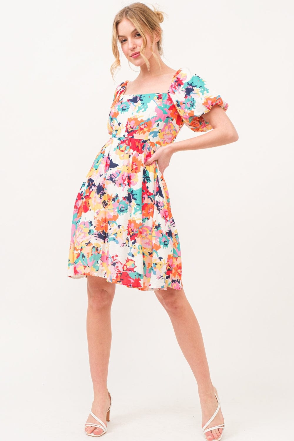 And The Why Square Neck Puff Sleeve Floral Dress - Trendsi