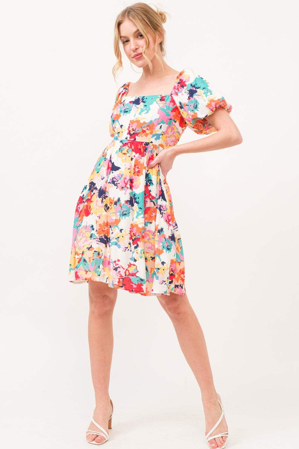 And The Why Square Neck Puff Sleeve Floral Dress - Trendsi - Flyclothing LLC